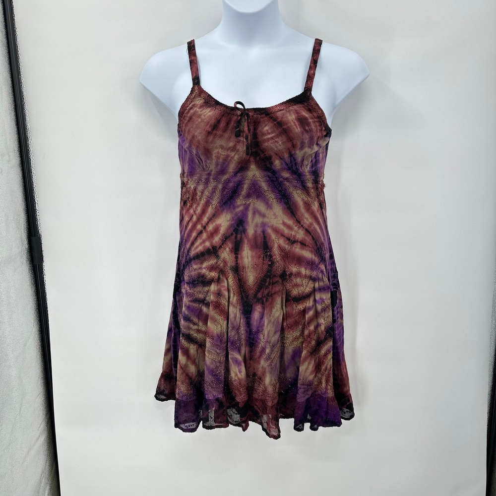 Whimsigoth Tie Dye Mini Slip Dress OS Babydoll Beaded Embroidered Festival Layer